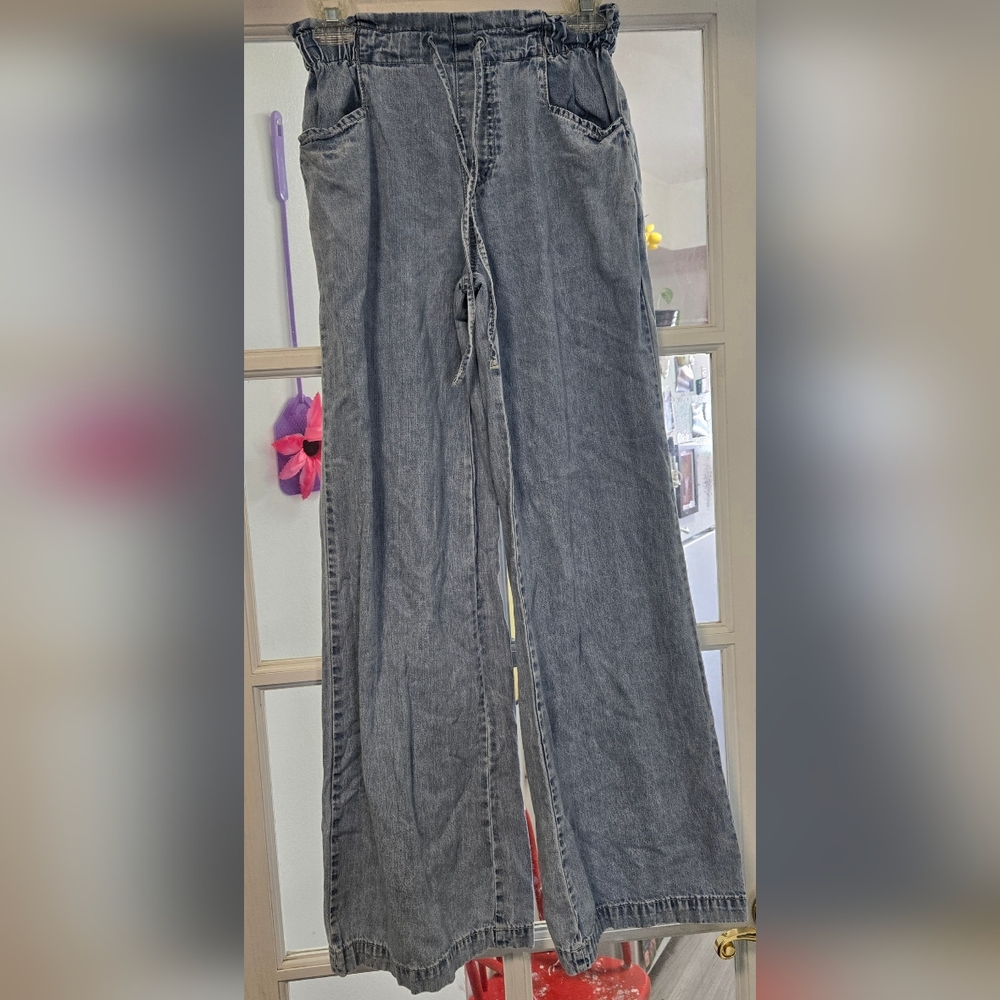 Gap Y2K Casual Blue Denim Wide-Leg Pants Stretch Waist Womens Size X-Small Retro